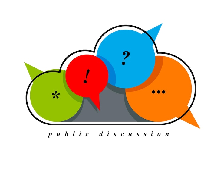 Vector discusión pública y concepto de vector de lluvia de ideas que se muestra con la nube combinada con diferentes burbujas de habla como hablar sobre diversidad, informar o conferencia, seminario o simposio.