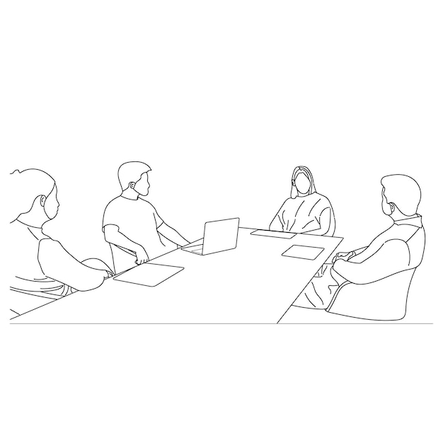 Discusión de reuniones de negocios vectoriales entre trabajadores en la mesa redonda de café dibujos animados Línea arte