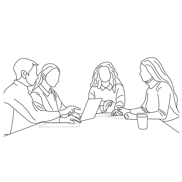 Discusión de reuniones de negocios vectoriales entre trabajadores en la mesa redonda de café dibujos animados Línea arte
