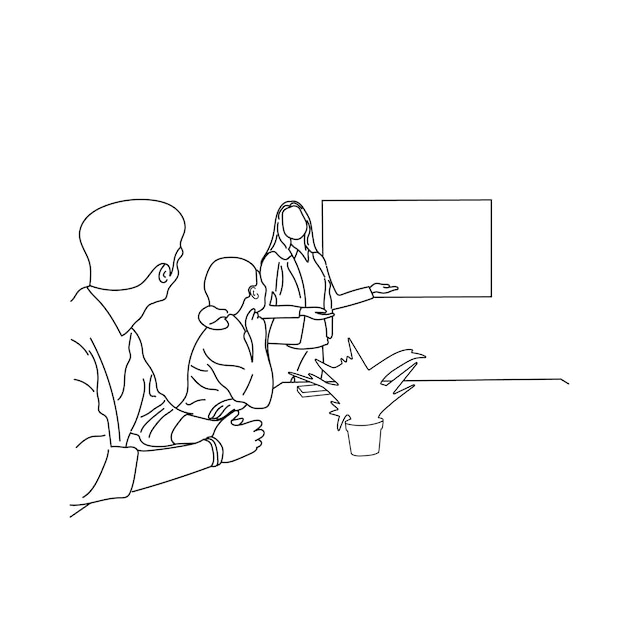 Discusión de reuniones de negocios vectoriales entre trabajadores en la mesa redonda de café dibujos animados Línea arte