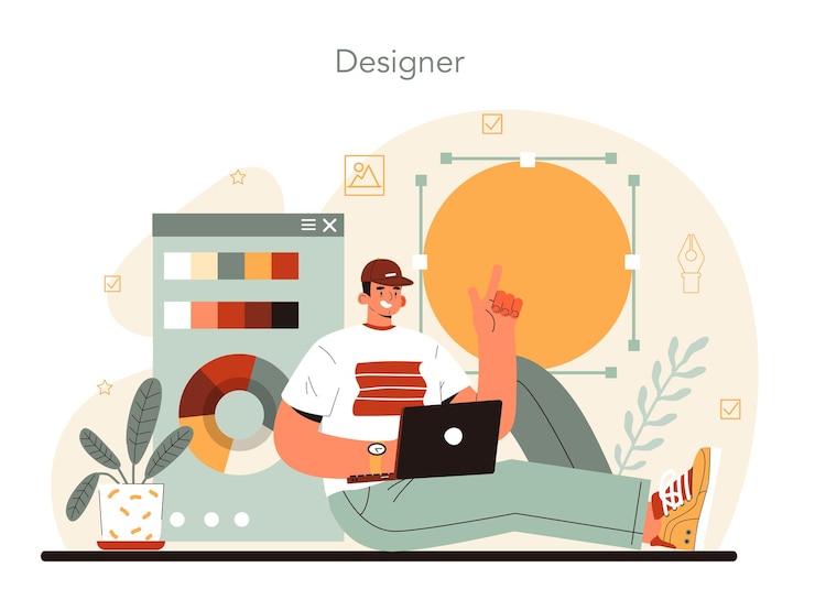 Vector diseñador director de arte conceptual que trabaja en el proceso creativo de contenido multimedia