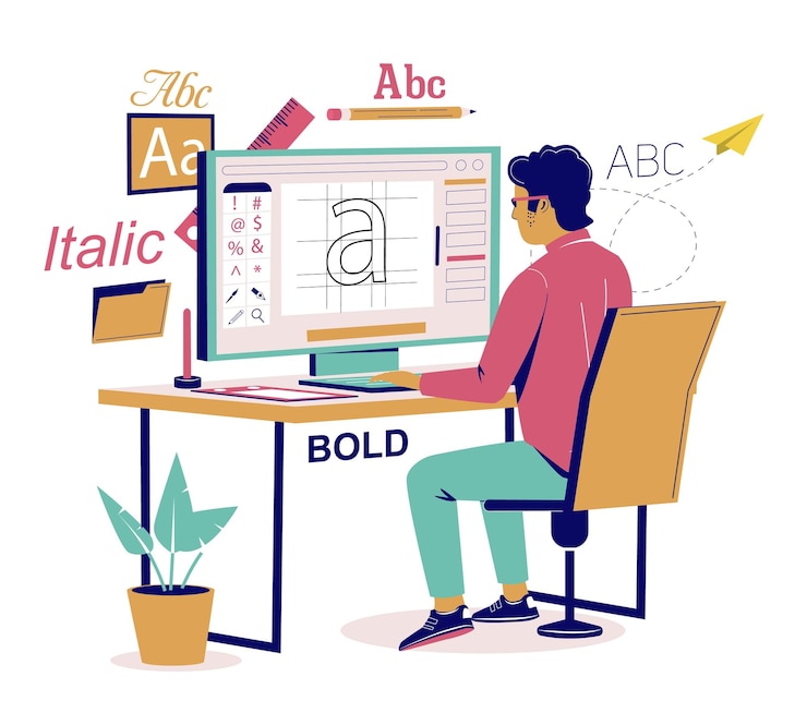 Vector diseñador gráfico creando su propia fuente usando software de computadora sentado en el escritorio ilustración isométrica plana vectorial ilustrador artista digital en el trabajo diseño gráfico espacio de trabajo profesional creativo