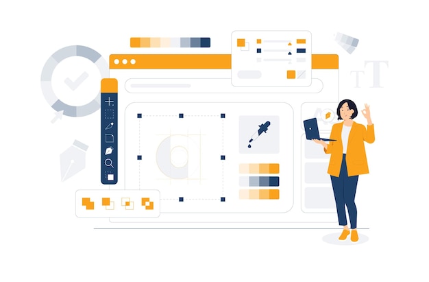 Diseñador gráfico con inspiración creativa en la ilustración del concepto de espacio de trabajo