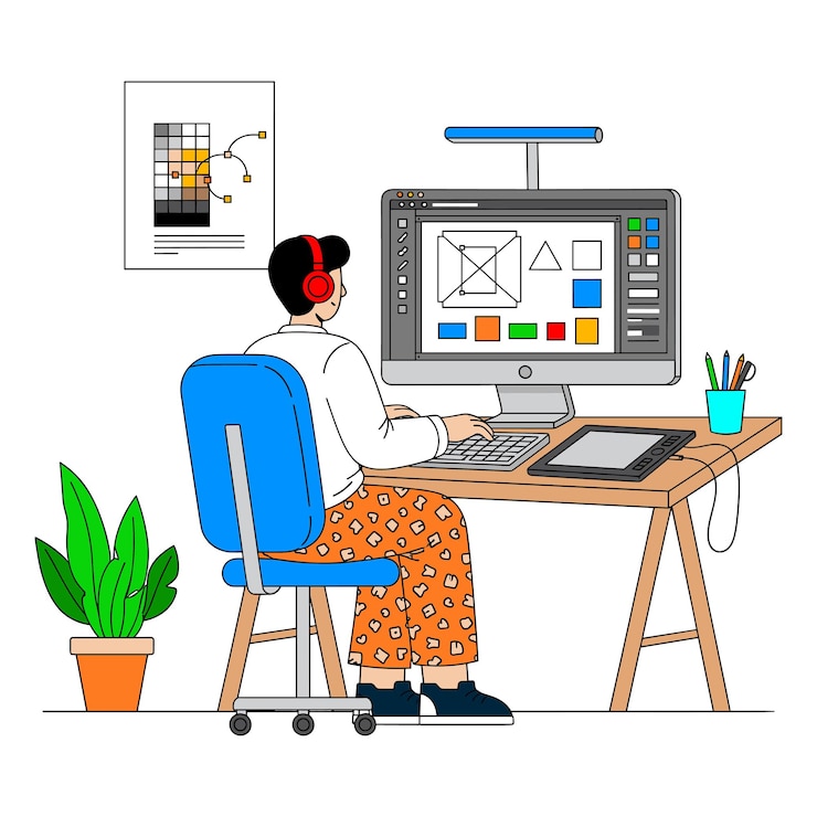 Vector diseñador gráfico trabajando en computadora
