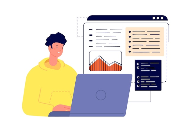 Diseñador gráfico en el trabajo Hombre que trabaja en la computadora portátil Estudiante de codificación Programador desarrollo web o concepto de vector de blogs