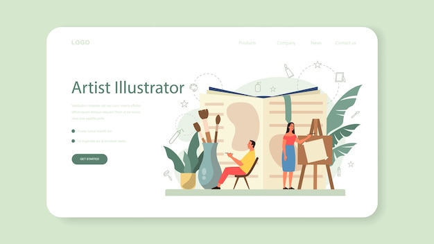 Diseñador de ilustración gráfica, banner web ilustrador o página de destino. Artista dibujando imágenes para libros y revistas, ilustración digital para sitios web y publicidad.