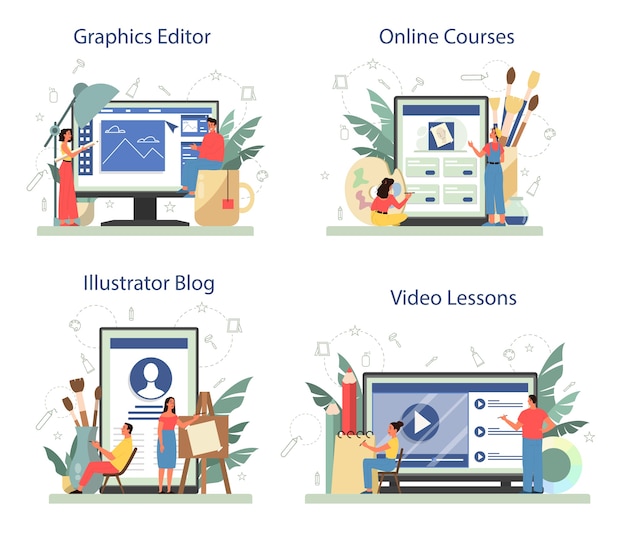 Diseñador de ilustración gráfica, servicio en línea de ilustrador o conjunto de plataforma. Dibujo artístico para libros, sitios web y publicidad. Editor de gráficos en línea, cursos, blog, video lección. Ilustración vectorial