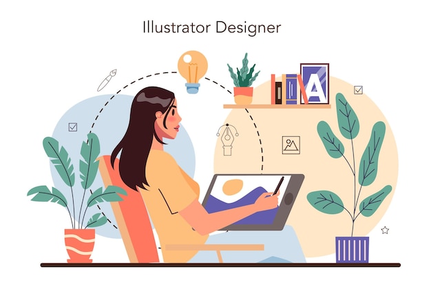 Diseñador de ilustraciones Dibujo artístico para libros y revistas Ilustración digital para sitios web y publicidad Profesión creativa Ilustración vectorial aislada