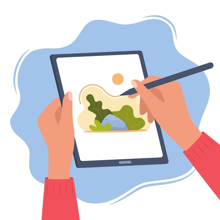 Vector diseñador ilustrador dibuja una linda ilustración en tableta gráfica con lápiz manos sosteniendo tableta