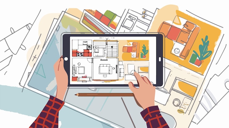 Vector diseñador de interiores profesional que crea dibujos de planos de apartamentos en 3d
