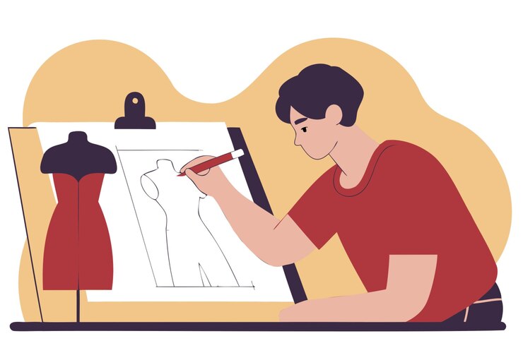 Vector diseñador de moda creativo dibujando diseños de ropa elegante centrado en la creación de conjuntos modernos