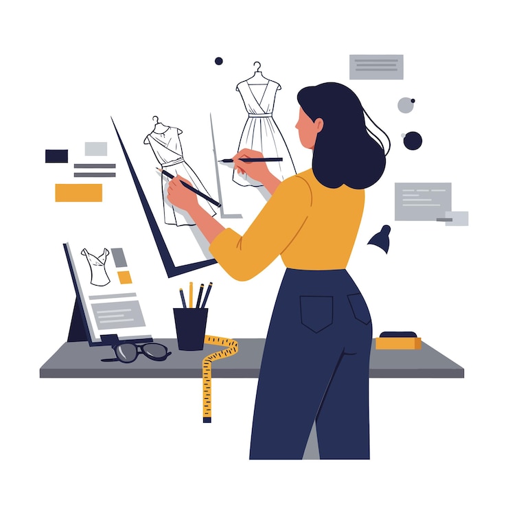 Vector diseñador de moda dibujando diseños de vestidos en una tableta digital en un espacio de trabajo creativo