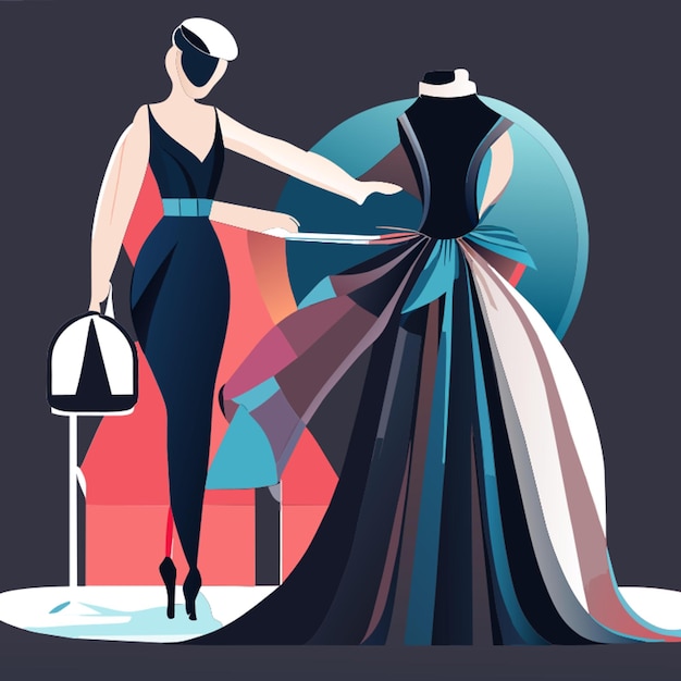 Vector diseñador de moda drapeando tela en una ilustración vectorial de maniquí