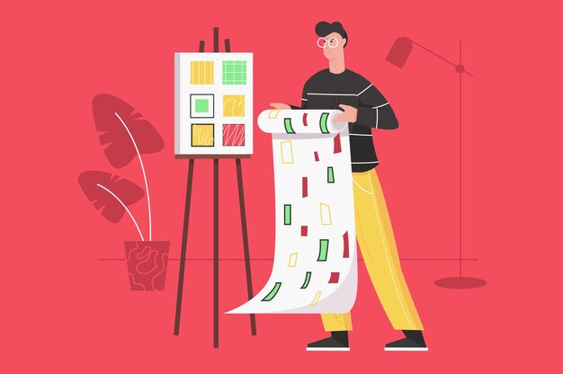 Diseñador que trabaja en el estudio de diseño moderno concepto plano. El hombre sostiene papel pintado o tela con un patrón abstracto y elige nuevas formas geométricas. Ilustración de vector con escena de personas para banner web