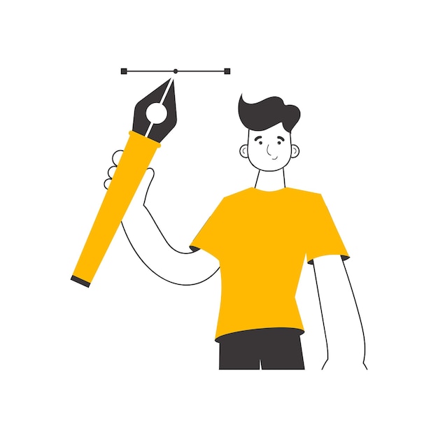 El diseñador sostiene una herramienta de lápiz para gráficos 2D en su mano Estilo moderno lineal Ilustración anterior aislada