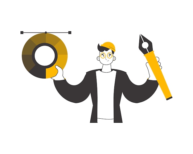 El diseñador sostiene una rueda de color en sus manos Estilo de arte lineal Ilustración vectorial aislada