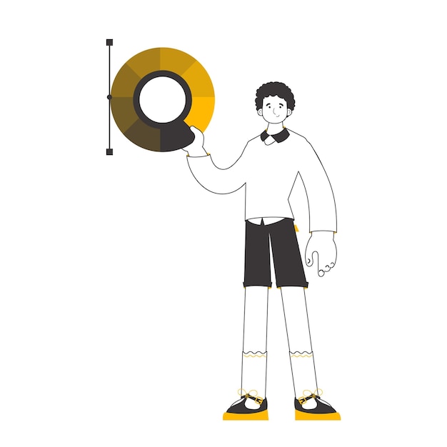 El diseñador sostiene una rueda de color en sus manos. Líneas de estilo moderno. Ilustración vectorial aislada.
