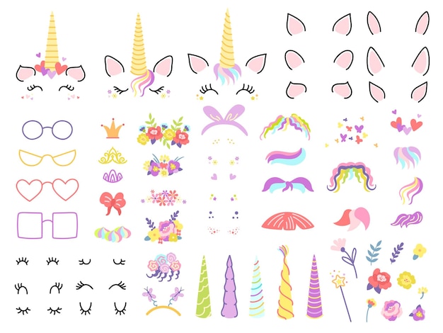 Diseñador de unicornios Crea tus propios unicornios con cuernos mágicos, peinados de arcoíris y lindas pestañas, corona de flores, accesorios, constructor de vectores.