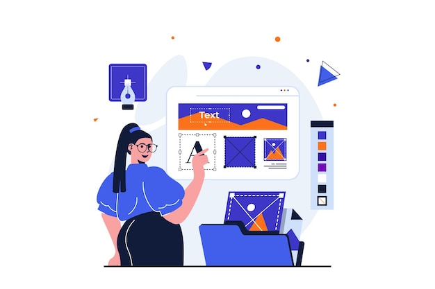 Diseñador web moderno concepto plano para diseño de banner web Mujer crea y optimiza el diseño usando