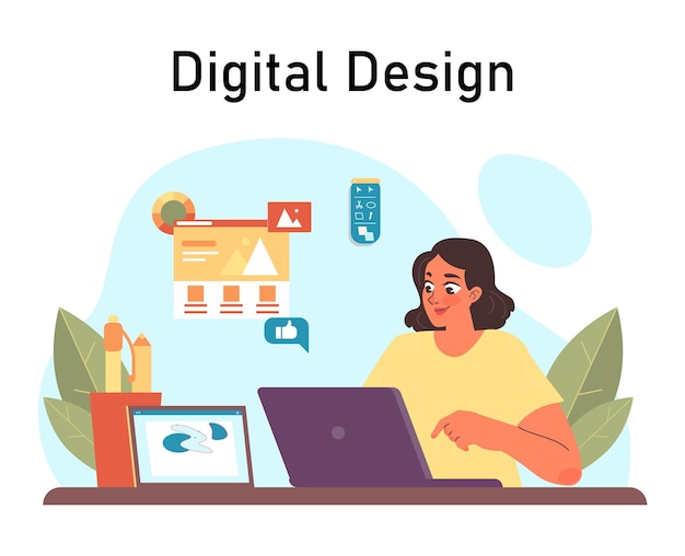 Diseñador web o digital personaje femenino trabaja en la interfaz de sitio web o software y contenido ux ui