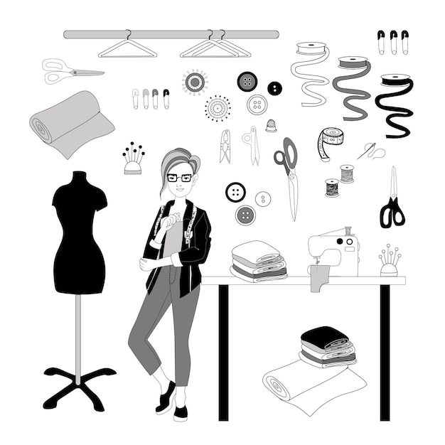 Diseñadora de moda femenina con imagen de vector de corte de pelo corto en estilo doodle dibujar a mano