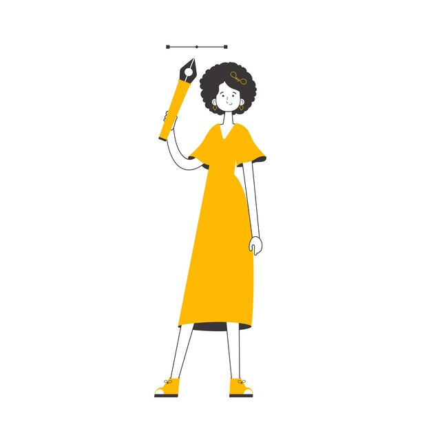 La diseñadora sostiene una herramienta de lápiz para gráficos 2D en su mano Estilo de arte lineal aislado en fondo blanco Ilustración vectorial