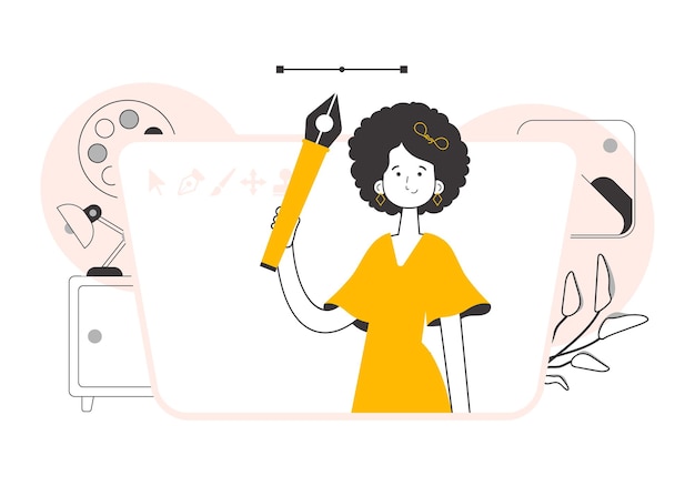 La diseñadora sostiene una herramienta de lápiz para gráficos 2D en su mano Estilo de arte lineal Vector