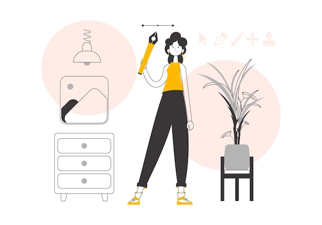 La diseñadora sostiene una herramienta de lápiz para gráficos 2D en su mano Vector de estilo lineal de moda