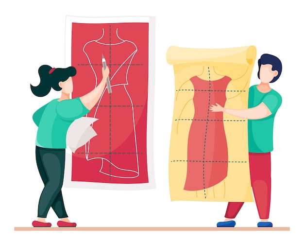 Vector diseñadores que trabajan en el modelo de vestidos nuevos.