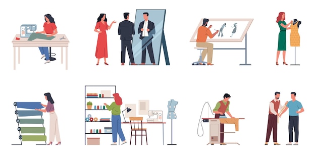 Diseñadores de ropa moderna cortadores y costureras empleados de atelier vestidos proceso de creación equipo profesional en taller estilo plano de dibujos animados conjunto vectorial actual