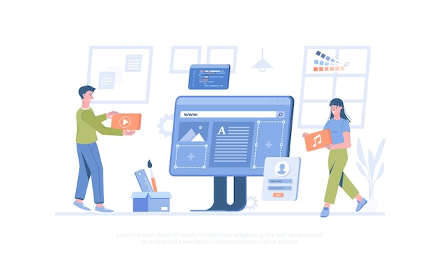 Los diseñadores web trabajan en la interfaz de la computadora Desarrollando páginas web organización sitio web crear diseño