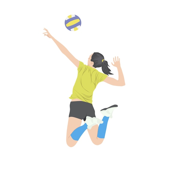 diseñar una jugadora de voleibol femenina plana saltando alto y golpeando la pelota con fuerza