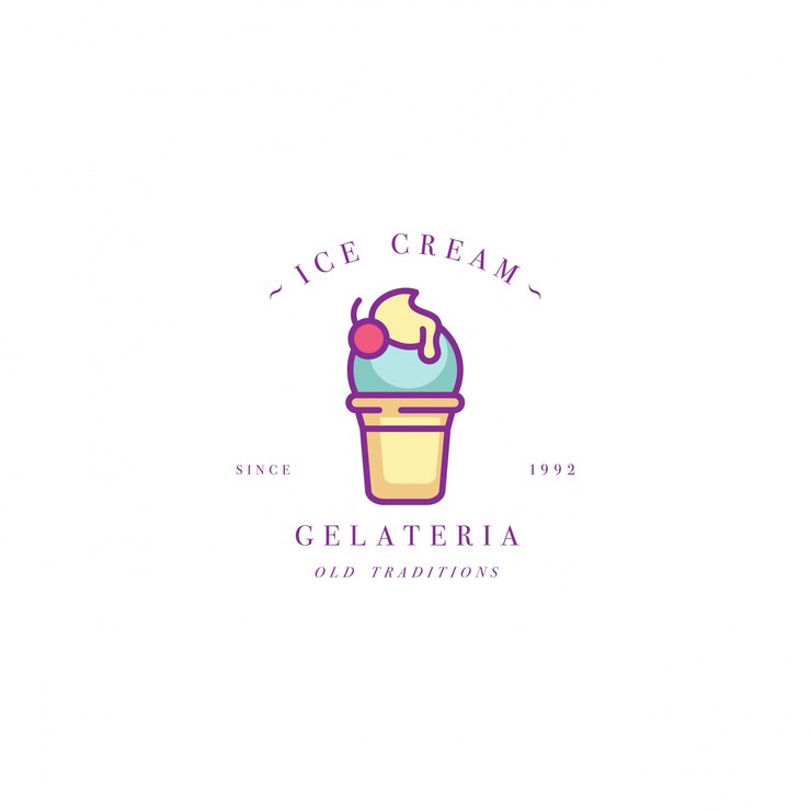 Diseñe el logotipo o el emblema colorido de la plantilla - helado, helado. Icono de helado Logotipo en moda estilo lineal aislado sobre fondo blanco.