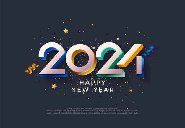 Diseño 3d para la celebración del año nuevo 2024 Con elegantes números coloridos en 3d Fondo premium vectorial adecuado para medios e impresión