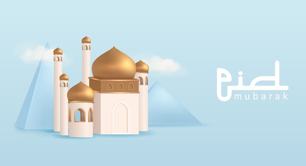 Diseño 3D moderno y realista de Eid Mubarak con ilustración de vectores de estatuillas de mezquita