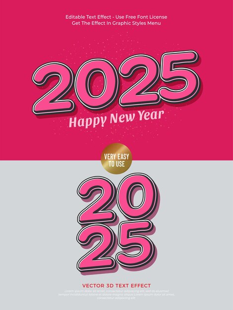 Diseño 3D vectorial de estilo fuente magenta 2025 con efecto de texto editable