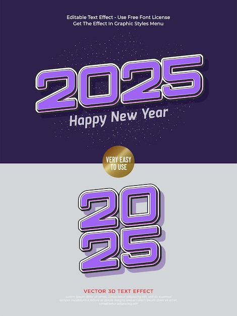 Diseño 3D vectorial de fuente púrpura 2025 con efecto de texto editable