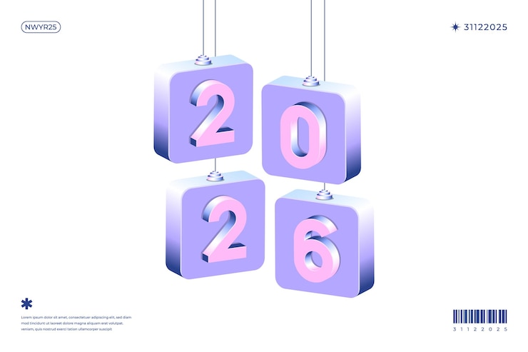 Vector un diseño 3d vibrante y moderno con el año 2026 en varios colores de gradiente