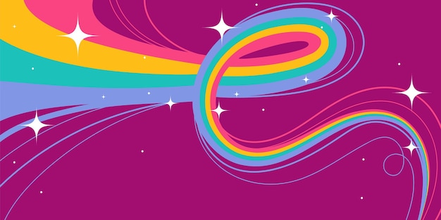 Diseño abstracto colorido con líneas onduladas y estrellas brillantes en fondo púrpura retro
