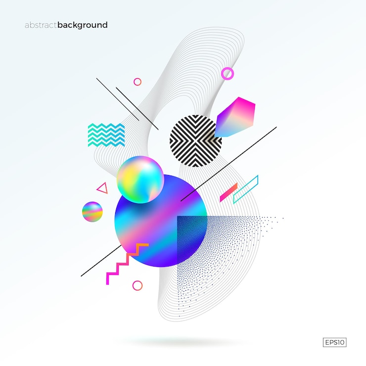 Vector diseño abstracto con diferentes formas geométricas fluidas lineales y punteadas
