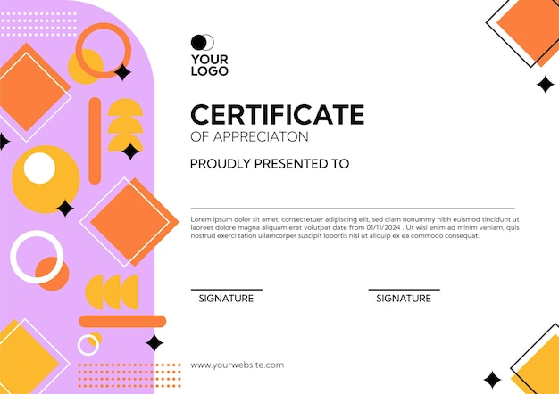 Diseño abstracto de forma con plantilla de certificado de color rosa y naranja