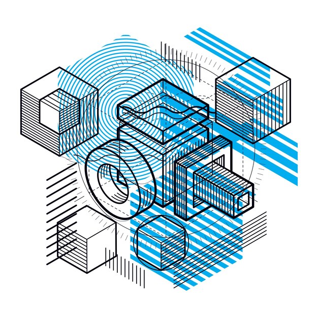 Diseño abstracto con formas y figuras de malla lineal 3d, fondo isométrico vectorial. Cubos, hexágonos, cuadrados, rectángulos y diferentes elementos abstractos.