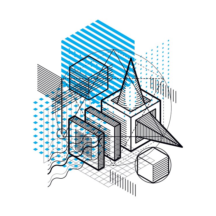 Vector diseño abstracto con formas y figuras de malla lineal 3d, fondo isométrico vectorial. cubos, hexágonos, cuadrados, rectángulos y diferentes elementos abstractos.