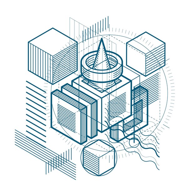 Diseño abstracto con formas y figuras de malla lineal 3d, fondo isométrico vectorial. Cubos, hexágonos, cuadrados, rectángulos y diferentes elementos abstractos.