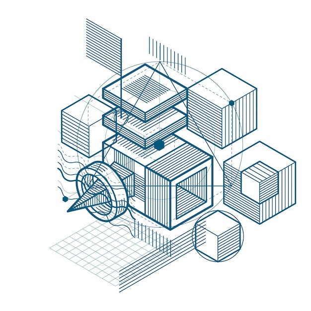 Diseño abstracto con formas y figuras de malla lineal 3d, fondo isométrico vectorial. cubos, hexágonos, cuadrados, rectángulos y diferentes elementos abstractos.