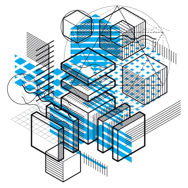 Diseño abstracto con formas y figuras de malla lineal 3d, fondo isométrico vectorial. Cubos, hexágonos, cuadrados, rectángulos y diferentes elementos abstractos.