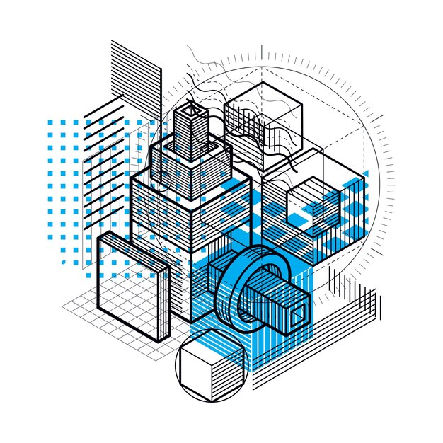 Diseño abstracto con formas y figuras de malla lineal 3d, fondo isométrico vectorial. Cubos, hexágonos, cuadrados, rectángulos y diferentes elementos abstractos.
