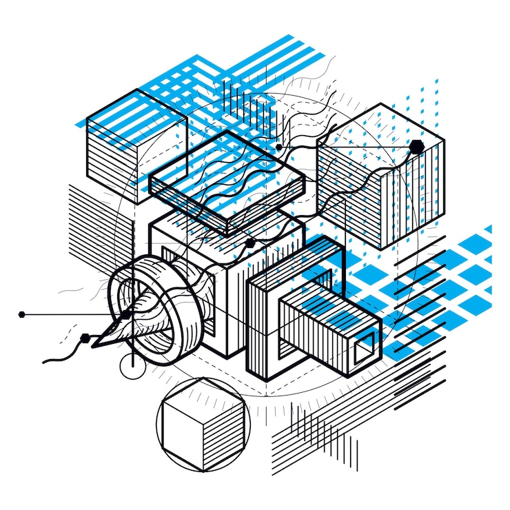 Vector diseño abstracto con formas y figuras de malla lineal 3d, fondo isométrico vectorial. cubos, hexágonos, cuadrados, rectángulos y diferentes elementos abstractos.