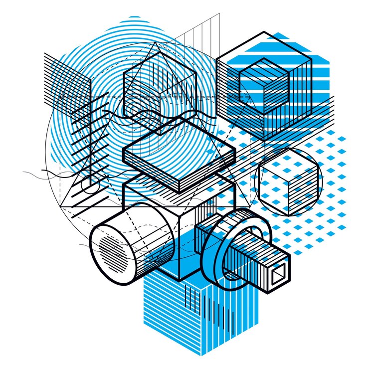 Vector diseño abstracto con formas y figuras de malla lineal 3d, fondo isométrico vectorial. cubos, hexágonos, cuadrados, rectángulos y diferentes elementos abstractos.