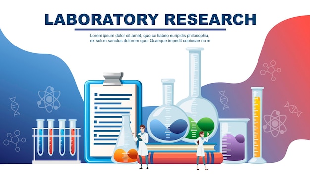 Diseño abstracto del laboratorio de química con grandes equipos y pequeños científicos que hacen publicidad de la ilustración de vector plano de diseño de volante.